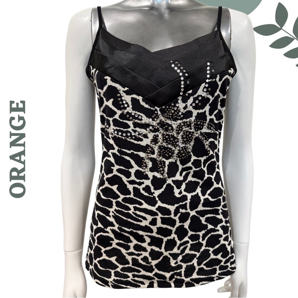 🛍️ Orange Rhinestone Animal-Print Cami – Black/White, S/M